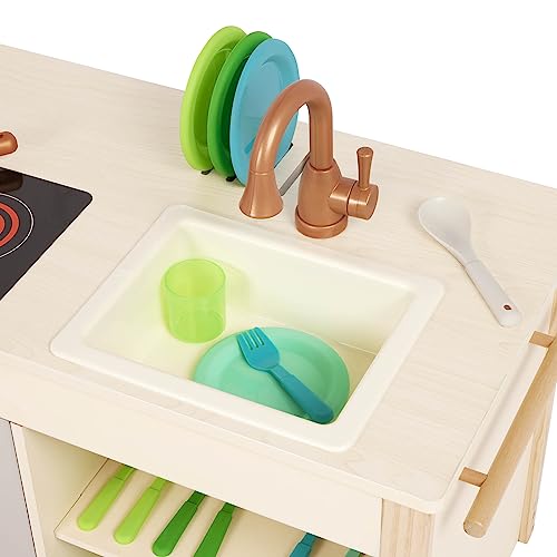 Battat – Play Kitchen & Market – Toddler-Friendly Size – Chalkboard Menu & Oven Dials – 25 Toy Cooking Accessories – 2 Years + – Two n' One Cookin' Fun Battat
