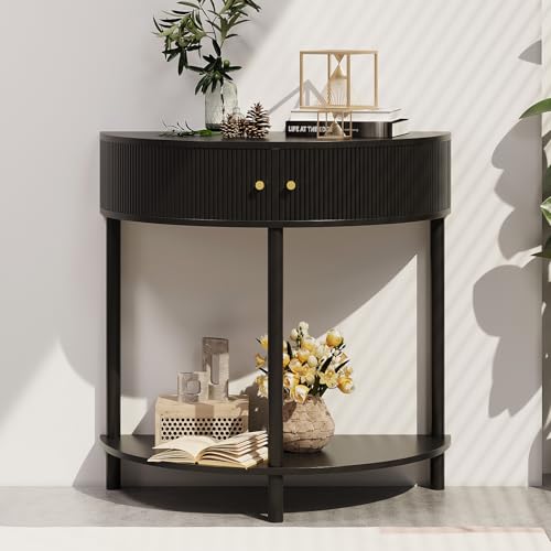 Trironsun Fluted Half Moon Console Table 2 Tier Narrow Entryway Table with Storage for Small Space Modern Wood Sofa Table with Doors and Gold Knobs Boho Home Decor Trironsun