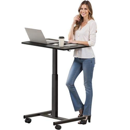 CROWNFURN Mobile Small Standing Rolling Desk Adjustable Height, Portable Laptop Desk on Wheels, Workstation for Home Office with Hook,Black CROWNFURN