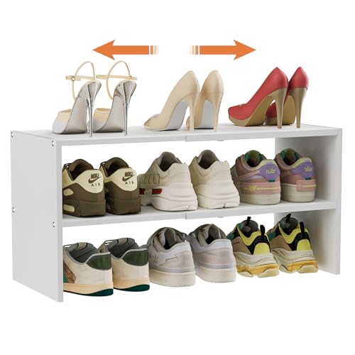2-Tier Small Shoe Rack Organizer for Closet, White Expandable Shoe Shelf, Stackable Iron Wood Combination Shoe Racks Shelves for Closets, Entryway,Small Space,Hallway,Garage,6-12 Pairs,Patent Pending Cidaziya