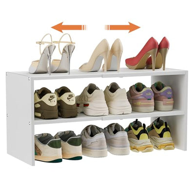 2-Tier Small Shoe Rack Organizer for Closet, White Expandable Shoe Shelf, Stackable Iron Wood Combination Shoe Racks Shelves for Closets, Entryway,Small Space,Hallway,Garage,6-12 Pairs,Patent Pending
