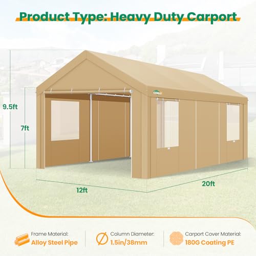 COBIZI Carport Canopy 12x20 Heavy Duty Portable Garage with Removable Sidewalls & Doors, Car Port Canopy Tent with Built-in Sandbags & All-Season Tarp for Car Boat Truck, Khaki COBIZI