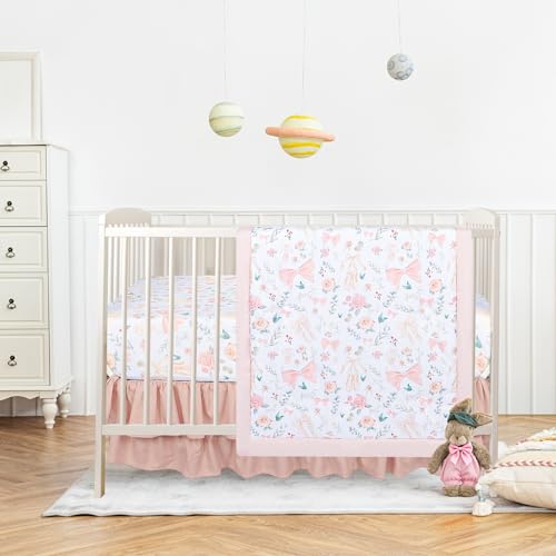 GFU Crib Bedding Set for Girls 4-Piece, Bow Baby Girl Crib Bedding Set Pink Flowes, Nursery Sets Includes Comforter, Fitted Crib Sheet, Crib Skirt, and Diaper Stacker GFU