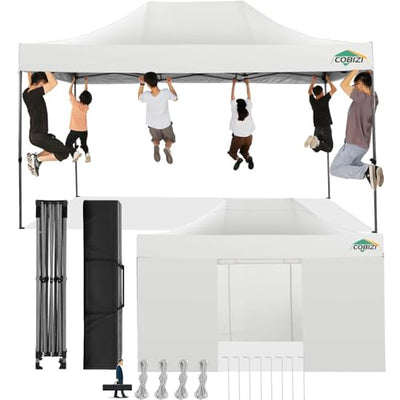 COBIZI 10x15 Pop Up Canopy with 4 Sidewall,Heavy Duty Canopy UPF 50+ All Season Wind Waterproof Commercial Outdoor Wedding Party Tents for Parties Gazebo with Carry Bag(10 x 15 ft White)