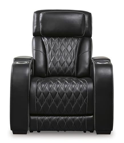 Signature Design by Ashley Boyington Contemporary Leather Match Power Recliner with Adjustable Headrest, Cup Holders, USB Port and Air Massage System, Black Signature Design by Ashley