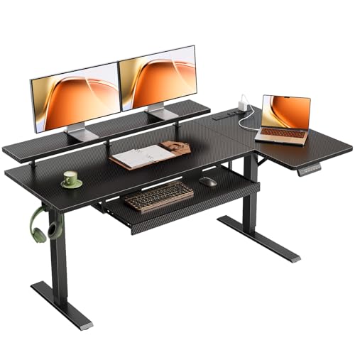 OffiGo 55 Inch L Shaped Electric Standing Desk with Keyboard Tray, Reversible Height Adjustable Corner Computer Desk with Monitor Stand, Sit Stand Up Lift Table for Home, Office, Carbon Fiber Black OffiGo