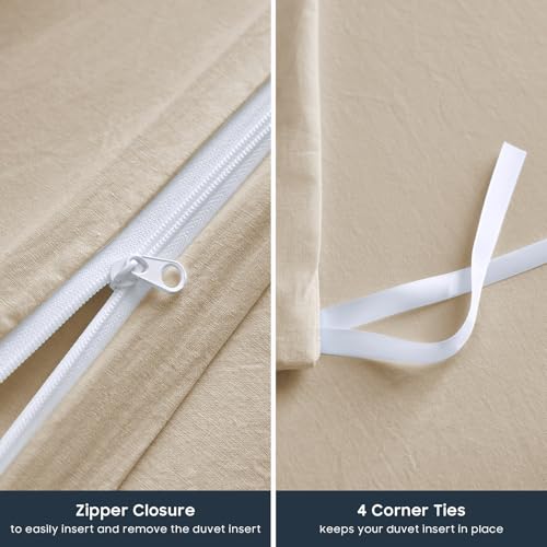 Wake In Cloud - Cotton Duvet Cover Set, Queen Size, Khaki Linen Color, 100% Washed Cotton, Linen Like Textured, Breathable Percale Durable Comfy Farmhouse Neutral Bedding Set, 3 Pieces Wake In Cloud