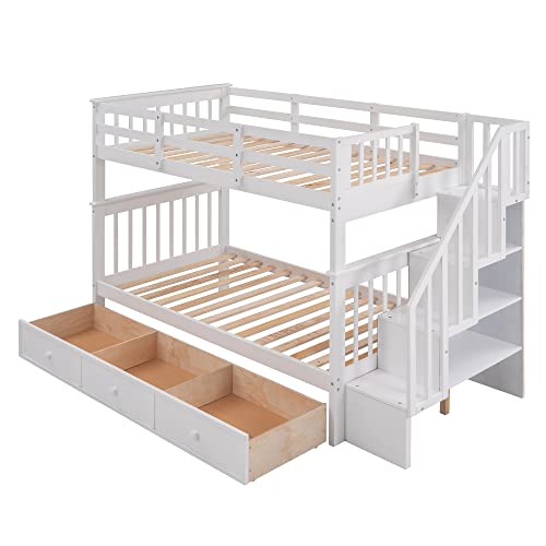 Merax Twin-Over-Twin Bunk Bed with Three Drawers, Soild Wood Stairway Bunk Bed with Storage and Guard Rail for Bedroom, Dorm, White Merax