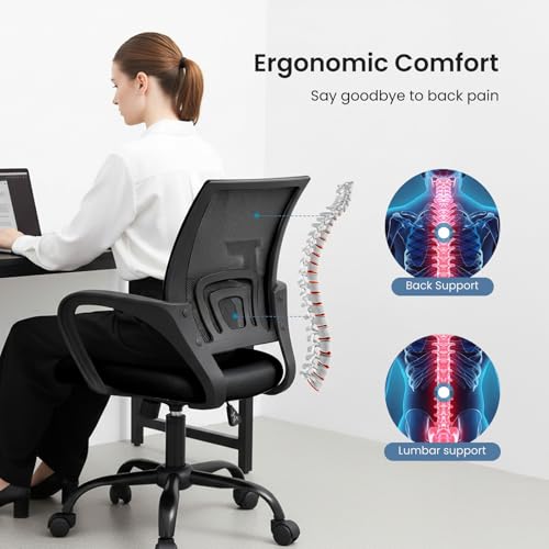 DUMOS Office Desk Chair - Ergonomic Mid Back with Lumbar Support & Rocking Mode, Height Adjustable with Fixed Armrest, Storage Back for Computer, Gaming, Conference, Meeting, 360° Swivel, Black DUMOS