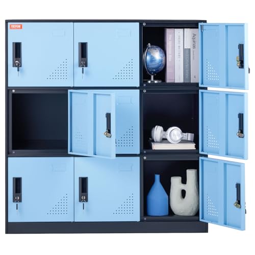 VEVOR Metal 9 Doors Cabinet with Card Slot, Employee Keys, 66lbs Loading Capacity Storage Lockers for Office, Home, School, Gym, Black-Blue VEVOR