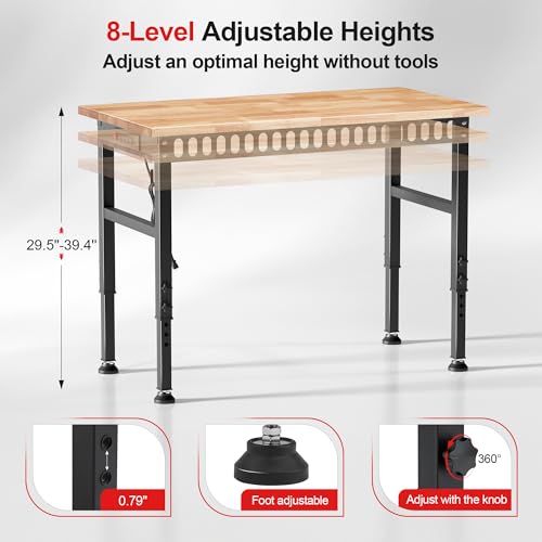 Antifir 48'' Adjustable Workbench with Power Outlets, Rubber Wood Top Heavy Duty 2000 LBS Load Capacity Workstation for Garage, Workshop, Commercial,Office,Home Antifir