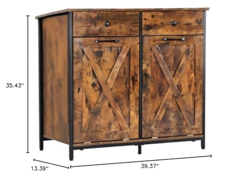 UEV Double Barn Door Style Trash Cabinet, Double Tilt Out Trash Cabinet with Solid Hideaway Drawer,Rustic Kitchen Trash Cabinet,Free Standing Wooden Kitchen Recycling Cabinet Trash Can Holder UEV