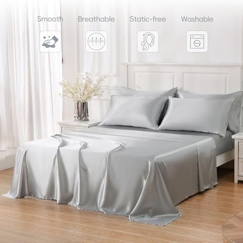 Sleeplite 4 Piece Luxury Satin Bed Sheets Set with Pillowcases - Ultra Soft & Silky, Hypoallergenic & Wrinkle-Free, Hotel Quality Comfort Bedding, Size Twin, Medium Grey Sleeplite
