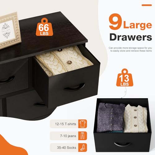 Sweetcrispy 9-Drawer Fabric Dresser Storage Tower with Wood Top and Steel Frame, Organizer Chest with Easy Pull Handles for Bedroom, Closet, Hallway,Classic Black Sweetcrispy