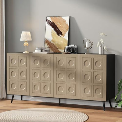 Vrmuxita Sideboard Buffet Cabinet with Storage: 63" Black and Oak Credenza Storage Cabinet for Living Room, Mid Century Modern Console Table with 4 Doors, Fluted Long Accent Cabinets (Oak)