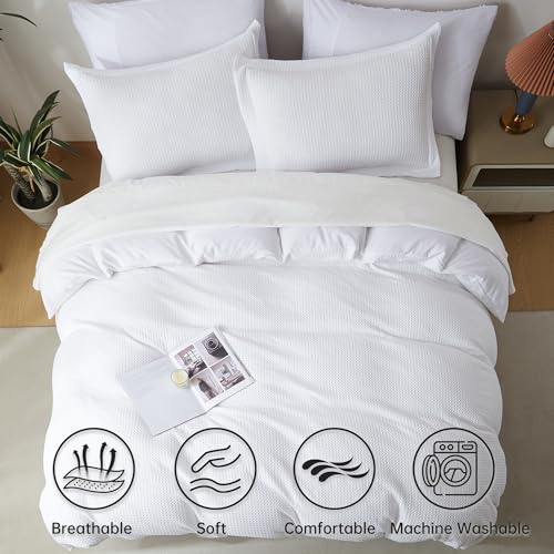 BOLINLIVING Waffle Weave Duvet Cover Twin Size, Kid's Microfiber Duvet Cover with Pillow Sham, White Textured Soft Comforter Cover for All Season with Zipper Closure and Corner Ties BOLINLIVING