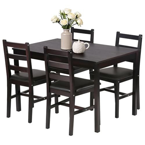 FDW | 5-Piece Solid Wood Dining Table Set for 4 | Brown | Space-Saving Design | Smooth Easy-to-Clean Surface | Pine Kitchen Table with Upholstered Chairs | for Dining Room, Apartment, Restaurant FDW