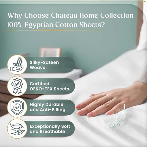 100% Egyptian Cotton Sheets King Size Sheets Set with Fully Elasticated 15" Deep Fitted Sheet & Pillowcase Sets, Sateen Weave Hotel Collection King Sheet Set, Soft Luxury White Bedding CHATEAU HOME COLLECTION