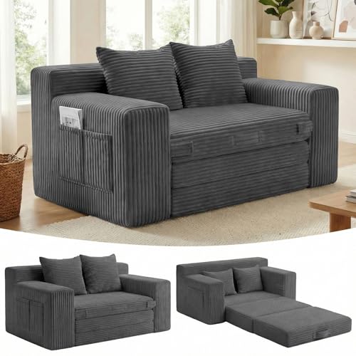 Boneless Loveseat Sleeper Sofa Bed: 3-in-1 Convertible Sofa Bed with Side Pockets & Handle,Pull Out Couch with 2 Pillows,Folding Futon for Small Space,Living Room & Bedroom,Corduroy Fabric,No Assembly Winzoo
