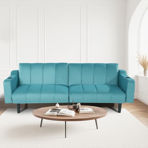 Chfeloai 80" Velvet Futon Sofa Bed, Convertible Sleeper Loveseat with Cup Holders & Storage Pockets, Mid Century Modern Couch for Living Room, Bedroom, Office, Small Space (Teal Blue) Chfeloai