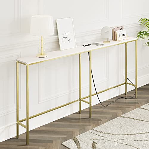 Masupu 70.9 Inch Console Table with Power Outlet,Modern Narrow Long Sofa Table Behind Couch,Skinny Entry Table with Gold Metal Frame for Entryway,Living Room, Hallway,Classic White Masupu