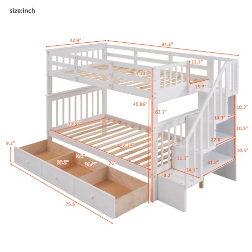 Merax Twin-Over-Twin Bunk Bed with Three Drawers, Soild Wood Stairway Bunk Bed with Storage and Guard Rail for Bedroom, Dorm, White Merax
