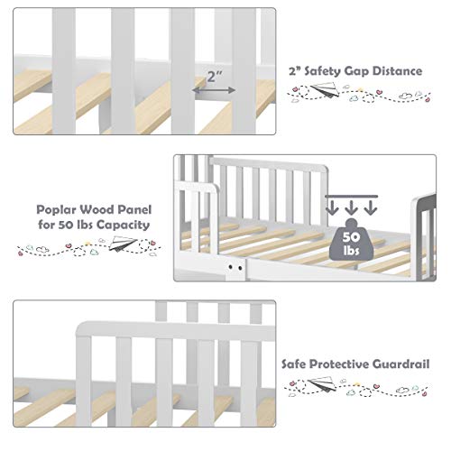 Costzon Toddler Bed, Classic Wood Kids Bed Frame w/Double Safety Guardrail, Low to Floor Design, Wooden Slat Support, Fits Full Size Crib Mattress, Bedroom Furniture for Boys & Girls (White) Costzon