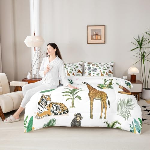 Erosebridal Wild Animal Kids Bed in A Bag Twin 7 Piece Cartoon Elephant Giraffe Comforter Set Safari Animals Bedding Sets for Kids Crocodile Tiger Zebra Palm Tree Tropical Sheet Set with Comforter Erosebridal