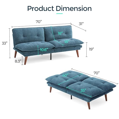 LINSY HOME Futon Sofa Bed, 70" Chenille Futon Couch with Adjustable Backrest Armrest, 3 in 1 Convertible Comfy Loveseat Sleeper Sofa Bed for Small Spaces Dorm Room Apartment Home Office, Blue LINSY HOME