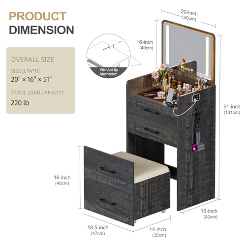 Lvifur 3 in 1 Vanity Desk with Flip Top Mirror and Lights,Glass Top Compact Vanity with 3Drawers &Rolling Stool, Modern Small Makeup Vanity Table w/Charging Station,Bedroom,Rustic Oak Lvifur