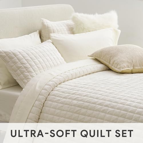 RECYCO Luxury Velvet Quilt Set Full Queen Size, Lightweight Velvet Comforter Set, Oversized Bedspread Coverlet Quilted Bedding Set, with 2 Matching Pillow Shams, for All Season, Cream White RECYCO