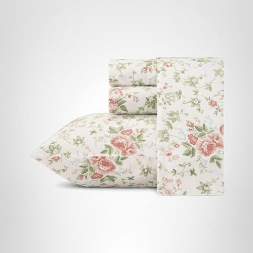 Laura Ashley - Queen Sheet Set, Buttery-Soft Bed Sheets with a Naturally Silky Smooth Cotton Sateen Lightweight Feel - Matching Pillowcases & Fitted Sheet (Lilian Coral) Laura Ashley