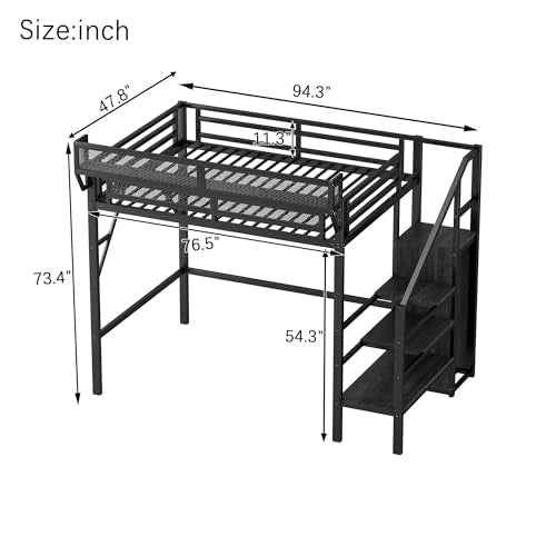 KEIKI Twin Size Metal Loft Bed Frame with Convertible Staircase, Built-in Storage Shelves & Wardrobe, Loft Bed with Solid Slats & Guardrail, No Box Spring Required, Easy Assembly, for Bedroom, Black KEIKI