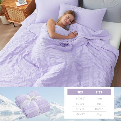 Cozy Bliss Seersucker Cooling Comforter Queen Size, Q-Max 0.45 Reversible Lightweight Cooling Blanket, Breathable Silk Smooth Summer Bedding Quilt for Hot Sleepers Night Sweats Purple Cozy Bliss