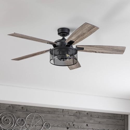 Honeywell Ceiling Fans Carnegie Industrial 52 Inch Ceiling Fan with Light, Remote Control Fan, LED Indoor Fan with 5 Blades, Gray Pine and Brown Chestnut Blade Finish Options, Matte Black (50614-01) Honeywell