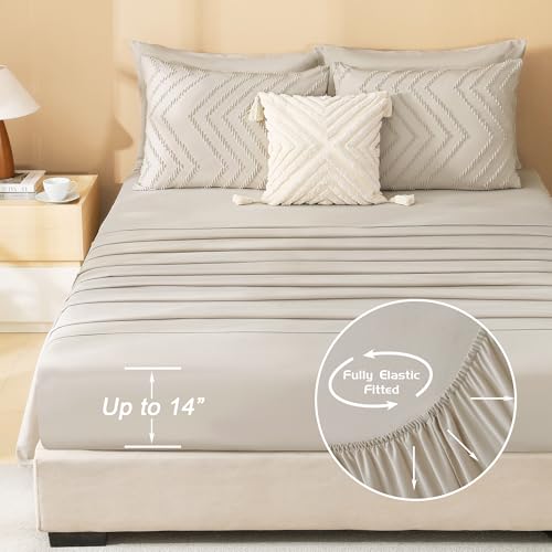 Litanika King Size Comforter Set with Sheets Beige - 7 Pieces Bed in a Bag King Chevron Tufted Boho Luxury Bedding Sets with Comforter, Sheets, Pillowcases & Shams Litanika