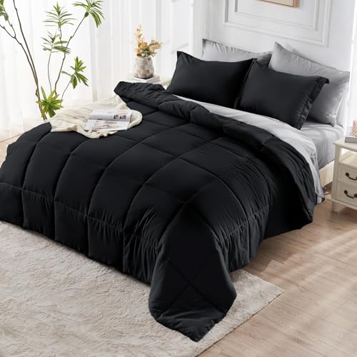 JOLLYVOGUE Queen Comforter Set, Ultra-Soft Bed in a Bag Queen Size 7 Pieces, Oeko-TEX Certified Bedding Set with Down Alternative Comforter, Sheets, Pillowcases & Shams, Black & Light Grey JOLLYVOGUE