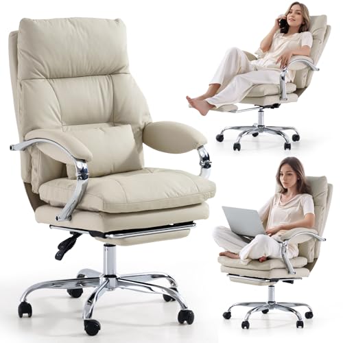 LEAGOO Office Chair with Foot Rest, Ergonomic Executive Office Chair with Arms, Reclining High Back PU Leather Comfy Swivel Computer Desk Chairs with Wheels and Lumbar Support for Home Office, Cream LEAGOO