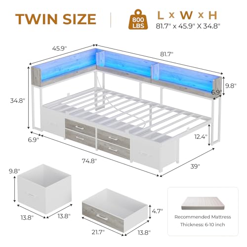 MSmask 14 Inch Corner Bed Frame with Bookcase Storage, Twin Daybed with 6 Drawers, Charging Station and LED Light, Twin Size Metal Platform Bed Frame for Kids Teenagers, White & Oak Grey MSmask