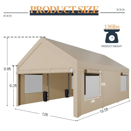 Shintenchi Carport 12' x 20' Heavy Duty Portable Garage, Car Port Canopy with Side-Opening Removable Door & Roll-Up Windows, Car Canopy for Truck,Car,Boat,Motorcycle,Khaki Shintenchi
