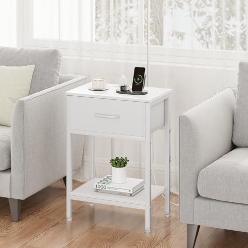 Vagusicc White Nightstand with Charging Station, End Table with Fabric Drawer, Small Side Table with 2-Tier Storage Shelves, 25.4" Tall Bedside Table, White Night Stand for Bedroom, Living Room, Dorm Vagusicc