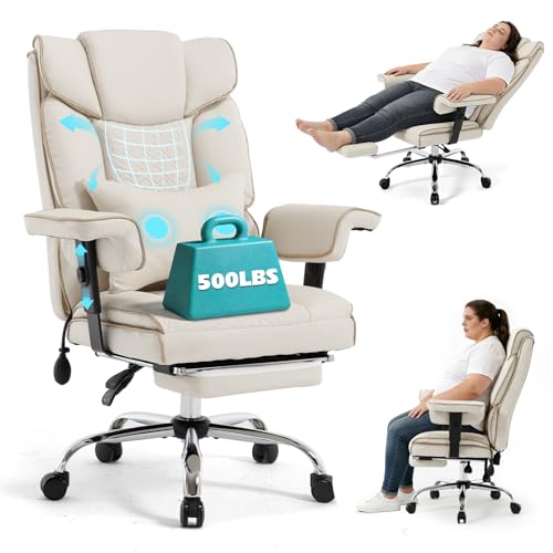 Comermax Massage Office Chair with Foot Rest, Wide Seat Heavy Duty Comfy Home Office Desk Chair, 500lbs Big Tall Reclining Office Chairs for Heavy People, White Comermax