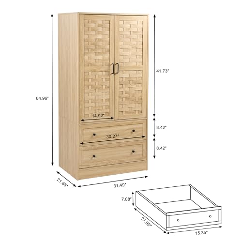 LEVNARY Armoire Wardrobe Closet with 2 Woven Doors, Wardrobe Cabinet with 2 Storage Drawers and Hanging Rail, Freestanding Wooden Closet for Bedroom (Natural) LEVNARY