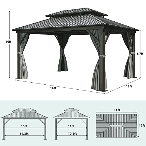 YITAHOME 12x16ft Hardtop Gazebo with Nettings and Curtains, Heavy Duty Double Roof Galvanized Steel Outdoor Combined of Vertical Stripes Roof for Patio, Backyard, Deck, Lawns, Gray YITAHOME