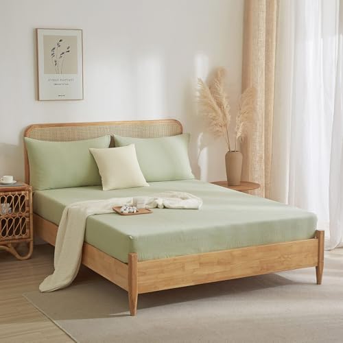 100% Muslin Cotton Sage Green Fitted Sheet Twin Only with 16" Elastic Deep Pocket, 1 Pack Soft Breathable Absorbent Gauze Single Fitted Bottom Sheet, Minimalist Fluffy Wrinkle Mattress Protector YASMENG