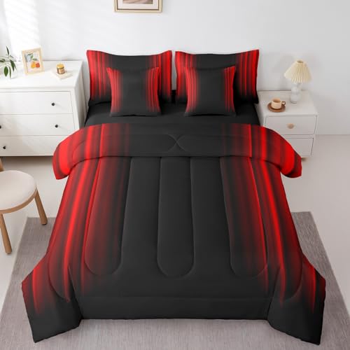 Feelyou Abstract Ombre Comforter Set with Sheets Kids Teens Red and Black 7 Piece Bedding Set Room Decor Full Size Feelyou