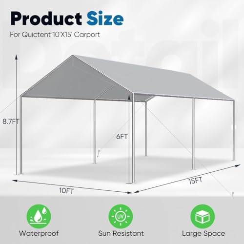 Quictent 10x15 ft Heavy Duty Car Canopy Galvanized Frame Carport Outdoor Party Tent Boat Shelter with 3 Reinforced Steel Cables - Grey Quictent
