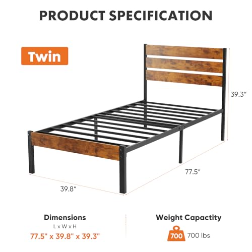 Sweetcrispy Twin Size Metal Platform Bed Frame - Mattress Foundation with Headboard and and Footboard, No Box Spring Needed with 700LBS Sturdy Wooden Slats Support, Noise Free, Easy Assembly Sweetcrispy