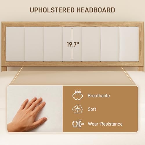 HOMCOM Queen Size Bed Frame with Upholstered Headboard, Platform Bed Frame with Wooden Slats, No Box Spring Needed, Easy Assembly, Natural HOMCOM
