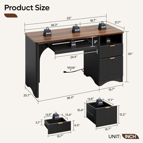 Bestier Computer Desk with Keyboard Tray, 55 inch Office Desk with Power Outlet, Modern Home Office Desk with File Drawer (Walnut with Black, 55" W with Single-Sided Drawers) Bestier